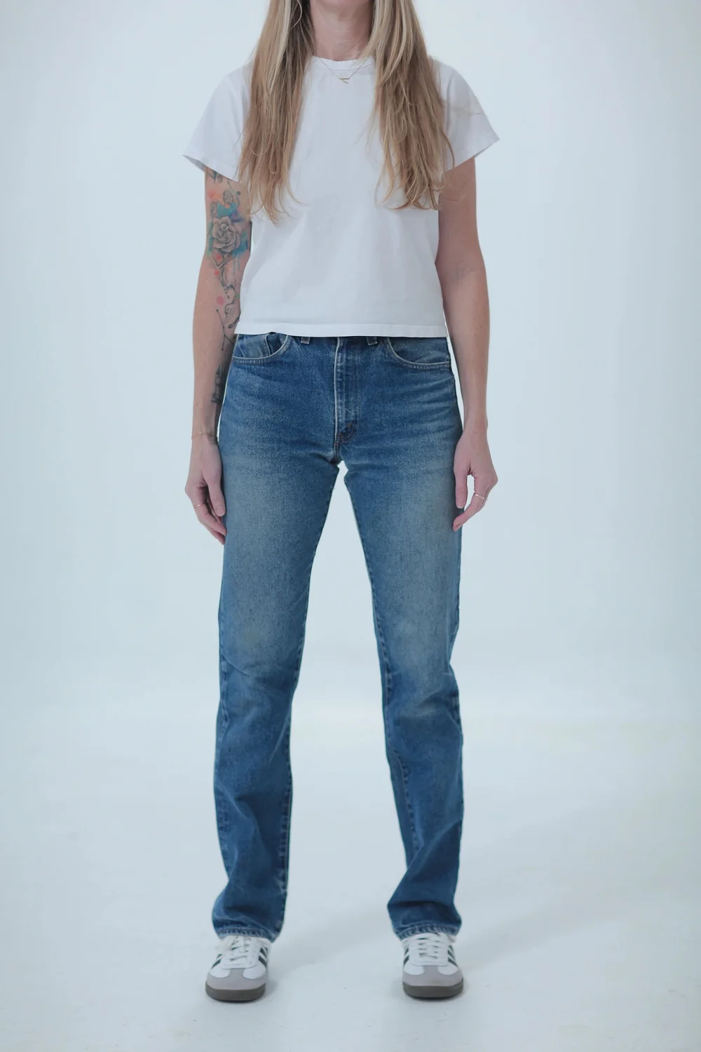 Levi's 505 darker medium wash, fitted, full length, front view