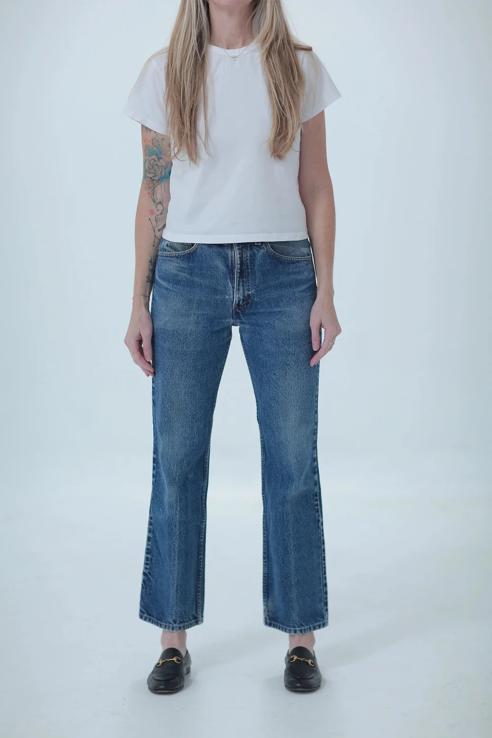 Levi's 517 darker wash, fitted in hips with a little room in waist, front view