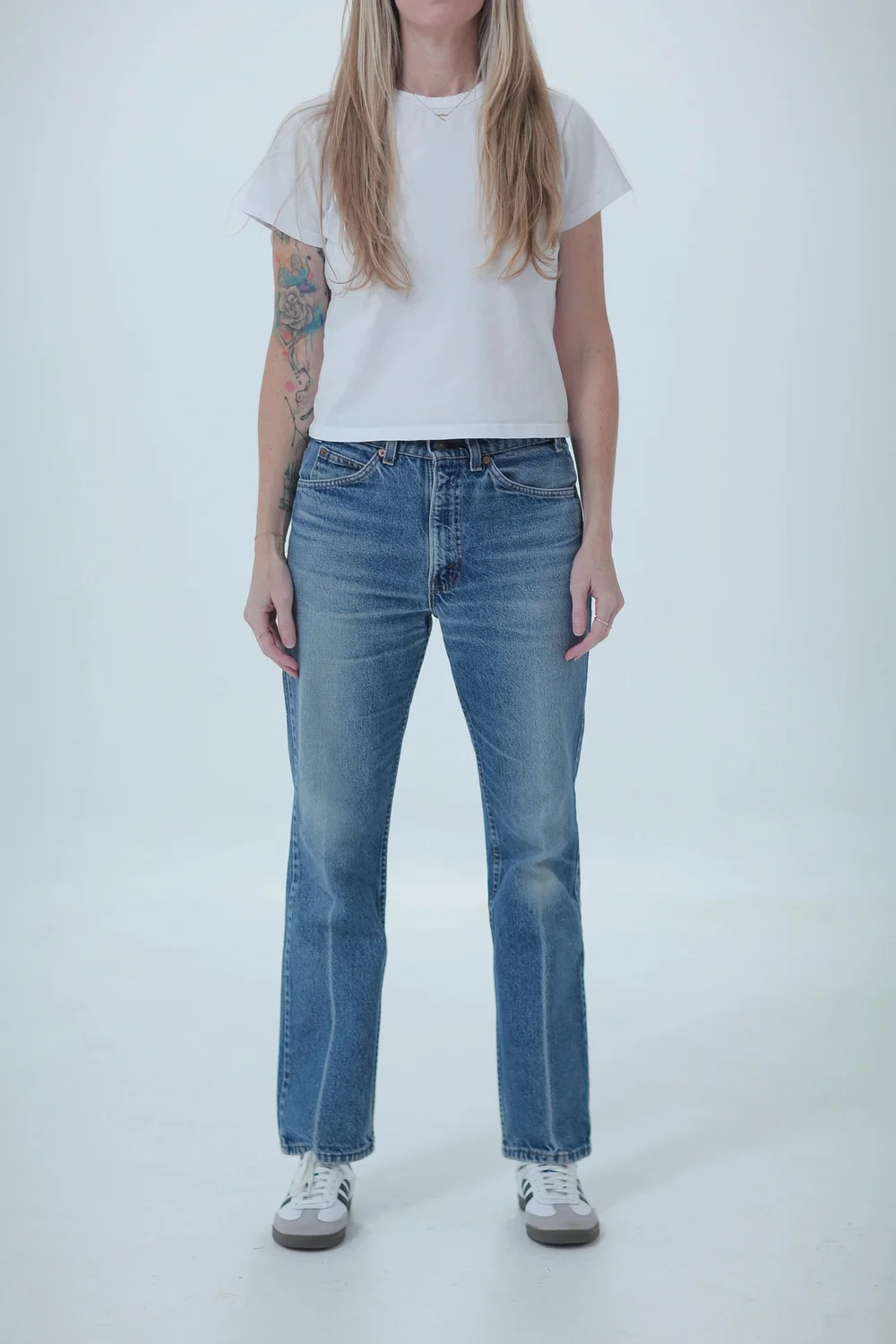 Levi's 517 lighter medium wash, boyfriend fit, low slung on hips, front view