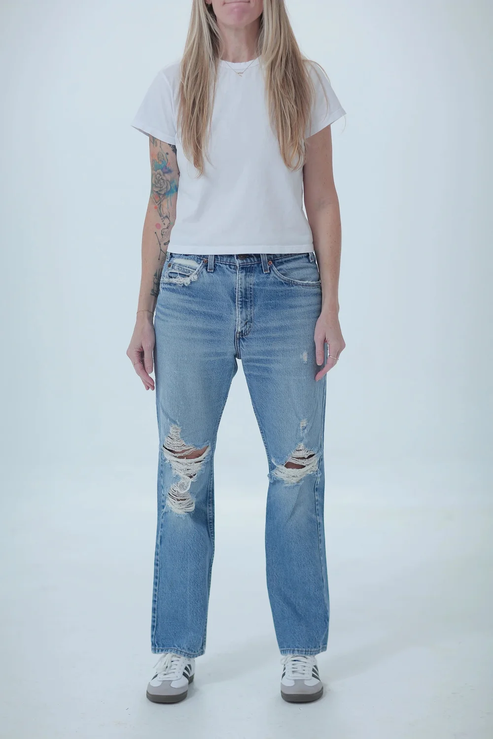 Levi's 509 light medium wash, distressed, boyfriend fit, front view