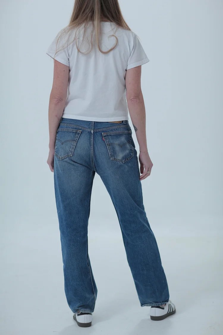 Levi's 501 medium dark wash, boyfriend/oversized fit, rear view