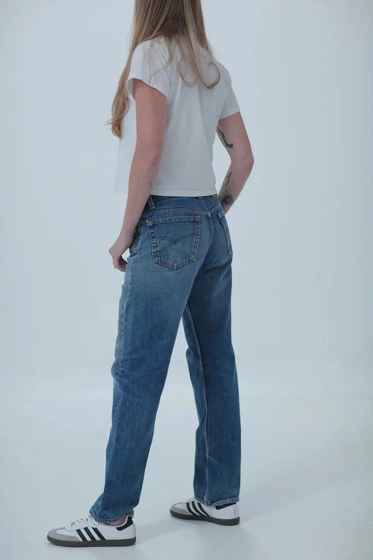 Levi's 501 medium dark wash, boyfriend/oversized fit, side view