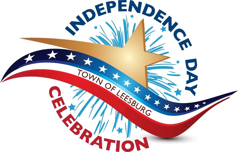 A graphic celebrating Independence Day with a large gold star, blue and red ribbons, fireworks, and text indicating the event is in Leesburg.