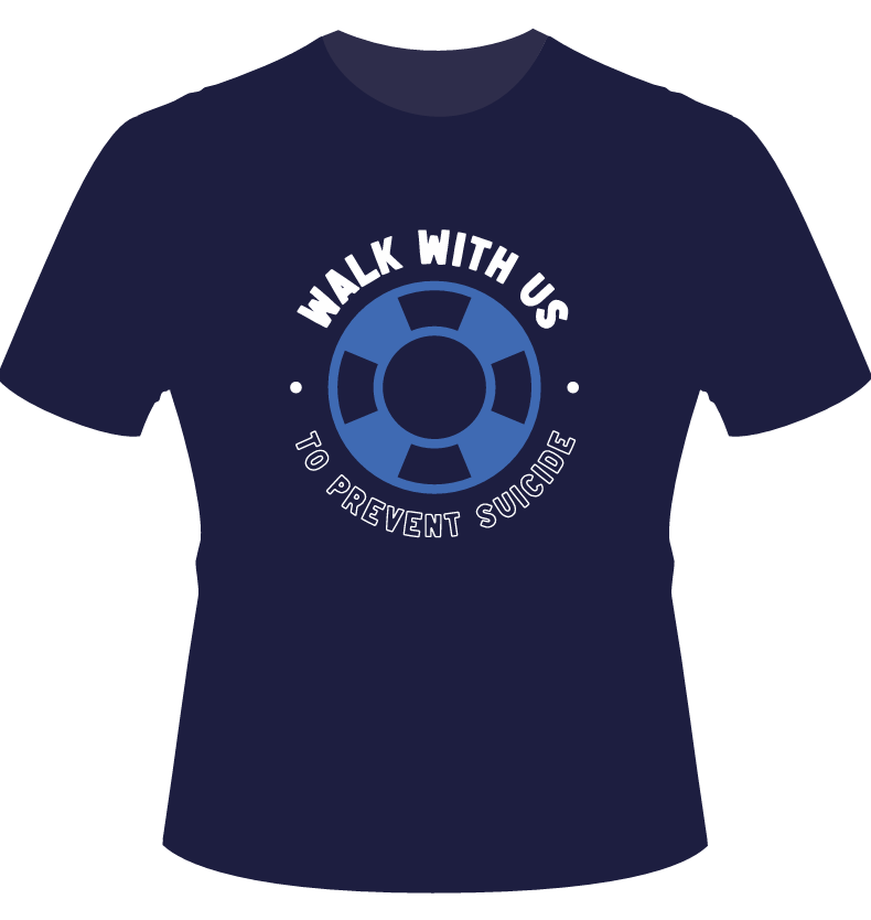 Navy blue T-shirt with a circular lifebuoy graphic and text that reads "Walk With Us To Prevent Suicide".