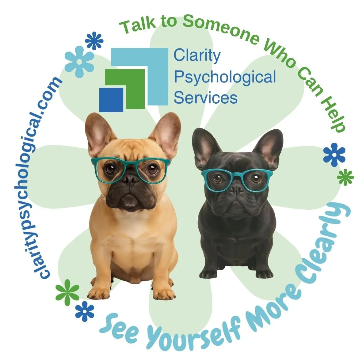 Two French Bulldogs wearing glasses, with a background of a light green 4-leaf clover pattern and text promoting psychological services and mental health awareness.