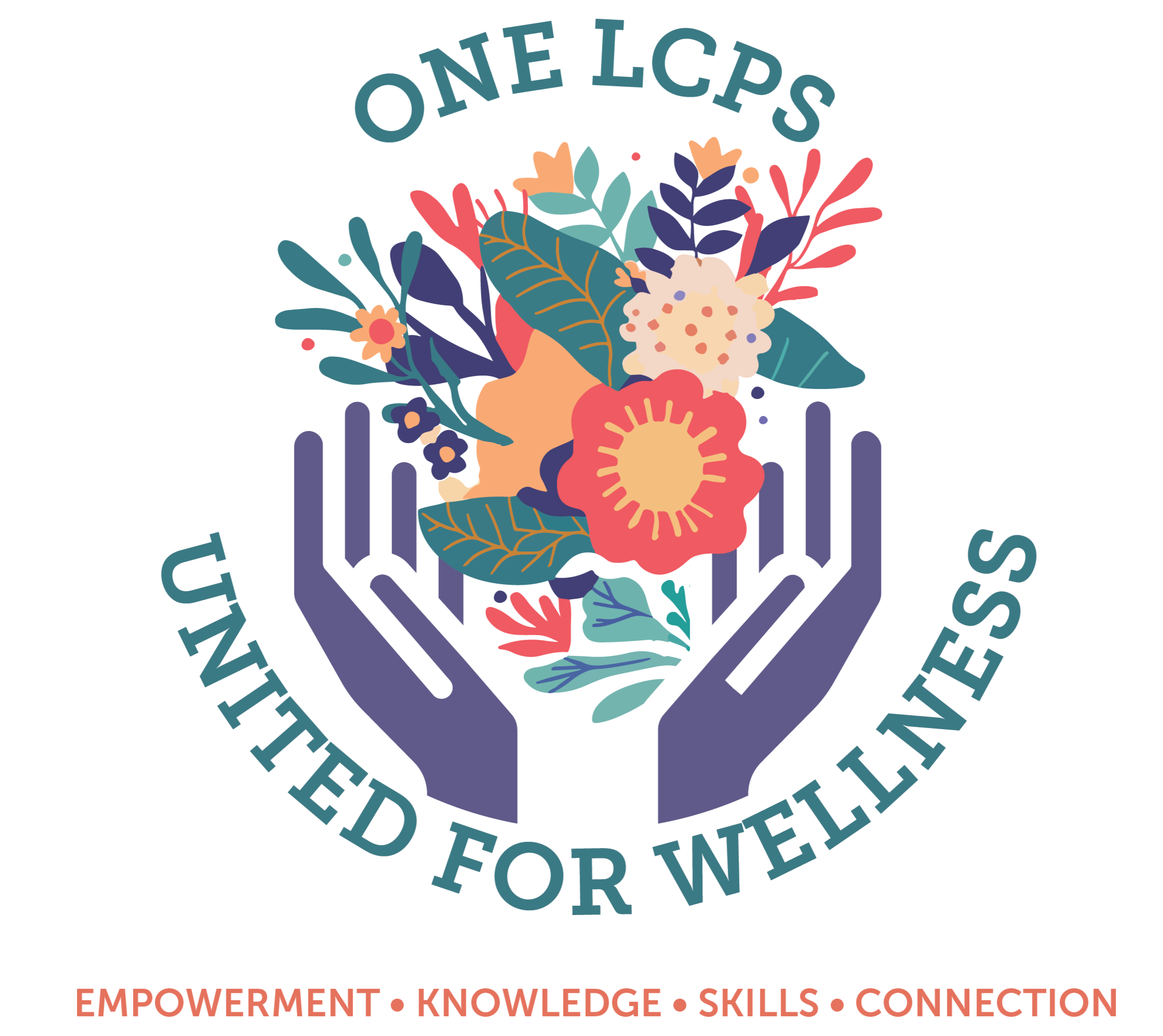 Logo featuring a purple hand holding various colorful flowers and leaves, with the words 'ONE LCP'S' at the top and 'UNLEASHED' at the bottom, surrounding the design, with the words 'EMPOWERMENT', 'KNOWLEDGE', 'SKILLS', and 'CONNECTION' in red at the bottom.