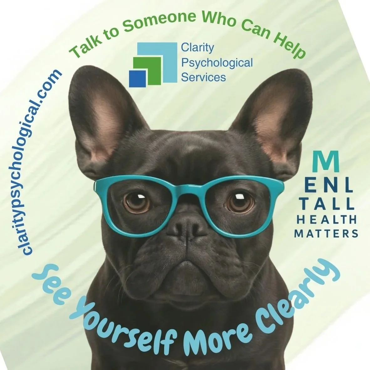 Clarity branded bulldog with glasses