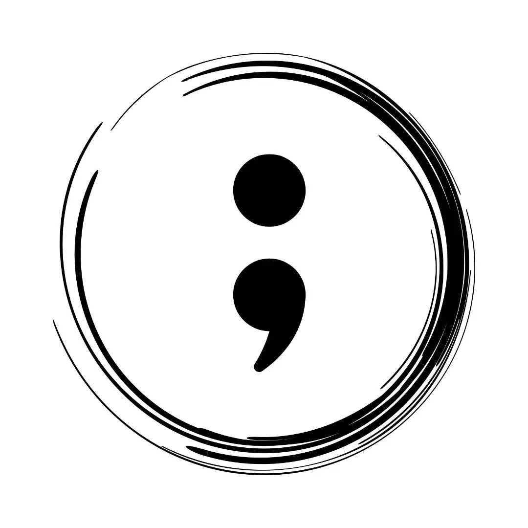 Stylized black and white illustration of a button shaped like a circle with a semicolon inside.