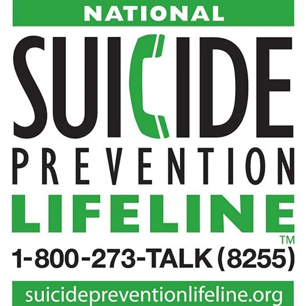 National Suicide Prevention Lifeline poster with a green and black design, featuring a green telephone icon in the word "Suicide," and the helpline number 1-800-273-TALK (8255), along with the website suicidepreventionlifeline.org.