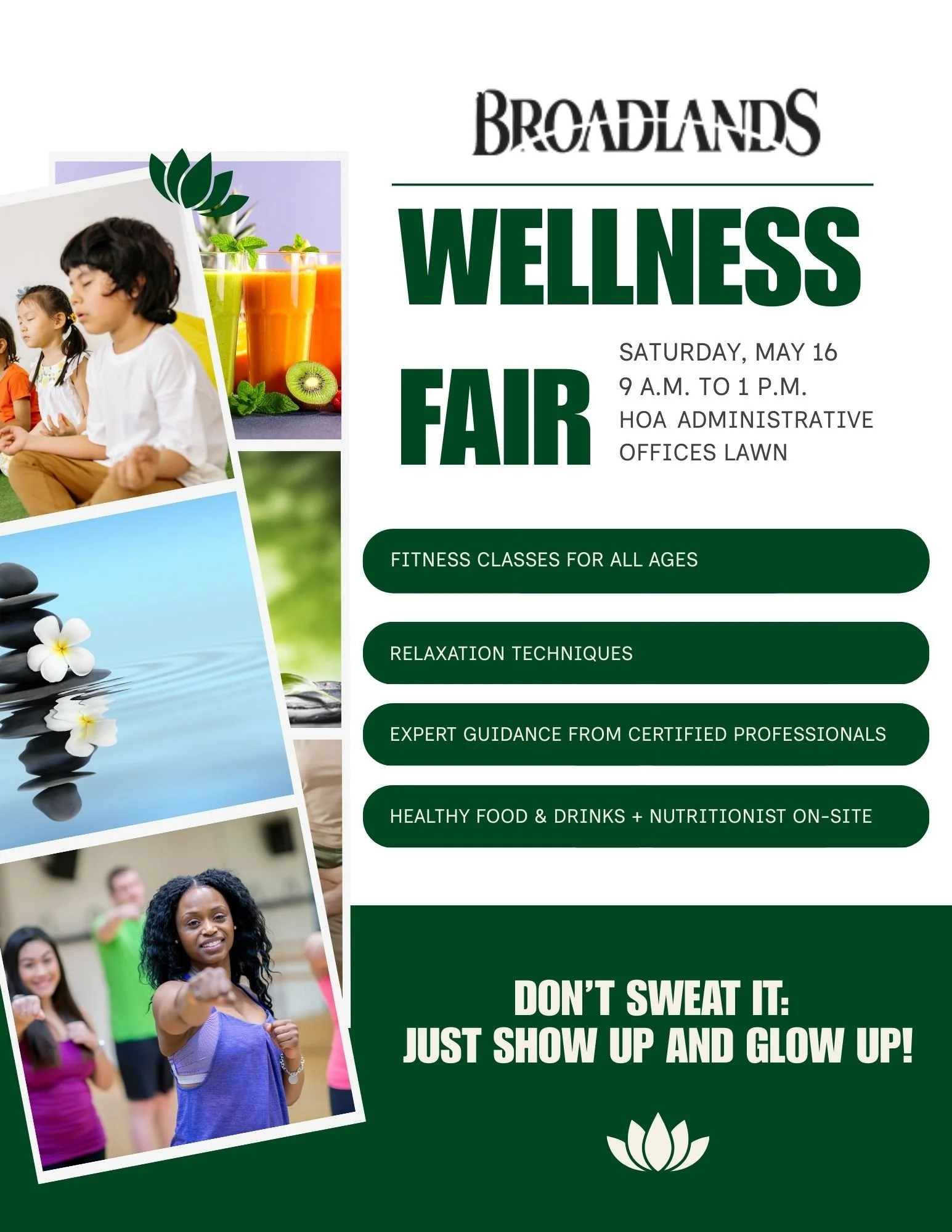 Flyer for Broadlands Wellness Fair scheduled for Saturday, May 16, from 9 a.m. to 1 p.m. at the HOA administrative offices lawn, promoting fitness classes for all ages, relaxation techniques, expert guidance, and healthy food and drinks with nutritionist on-site. The flyer features images of children meditating, colorful smoothies, a stack of stones with a flower, and women in a fitness class, with a green and white color scheme and a lotus flower logo.