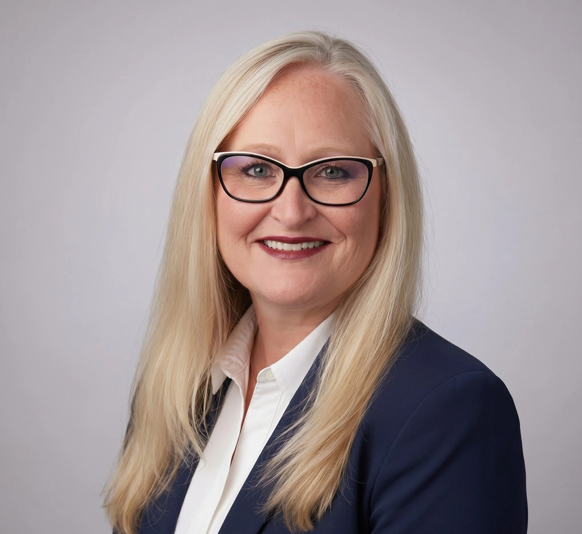 Carol Williams-Nickelson PsyD - Headshot - A woman with long blonde hair wearing glasses, a navy blazer, and a white shirt, smiling against a gray background.