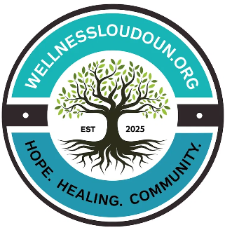 Logo for WellnessLoudoun.org featuring a tree with roots, surrounded by text that says 'Hope, Healing, Community' and 'EST 2025'.