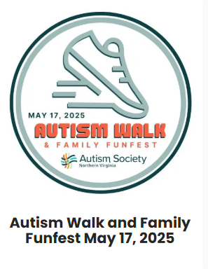 Logo for the Autism Walk and Family Funfest event on May 17, 2025, organized by the Autism Society of Northern Virginia. The logo features a stylized sneaker and text in red and blue.