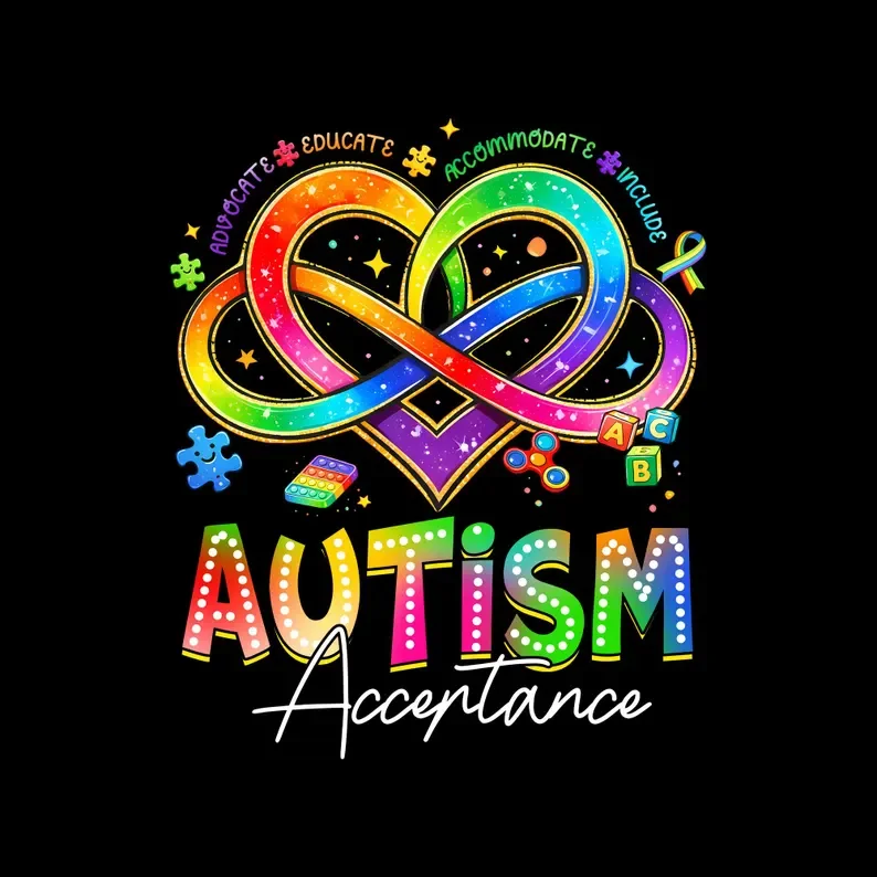 Colorful rainbow infinity symbol surrounded by puzzle pieces, blocks, and toy items, with the words 'Autism Acceptance' in rainbow colors and decorative stars on a black background.