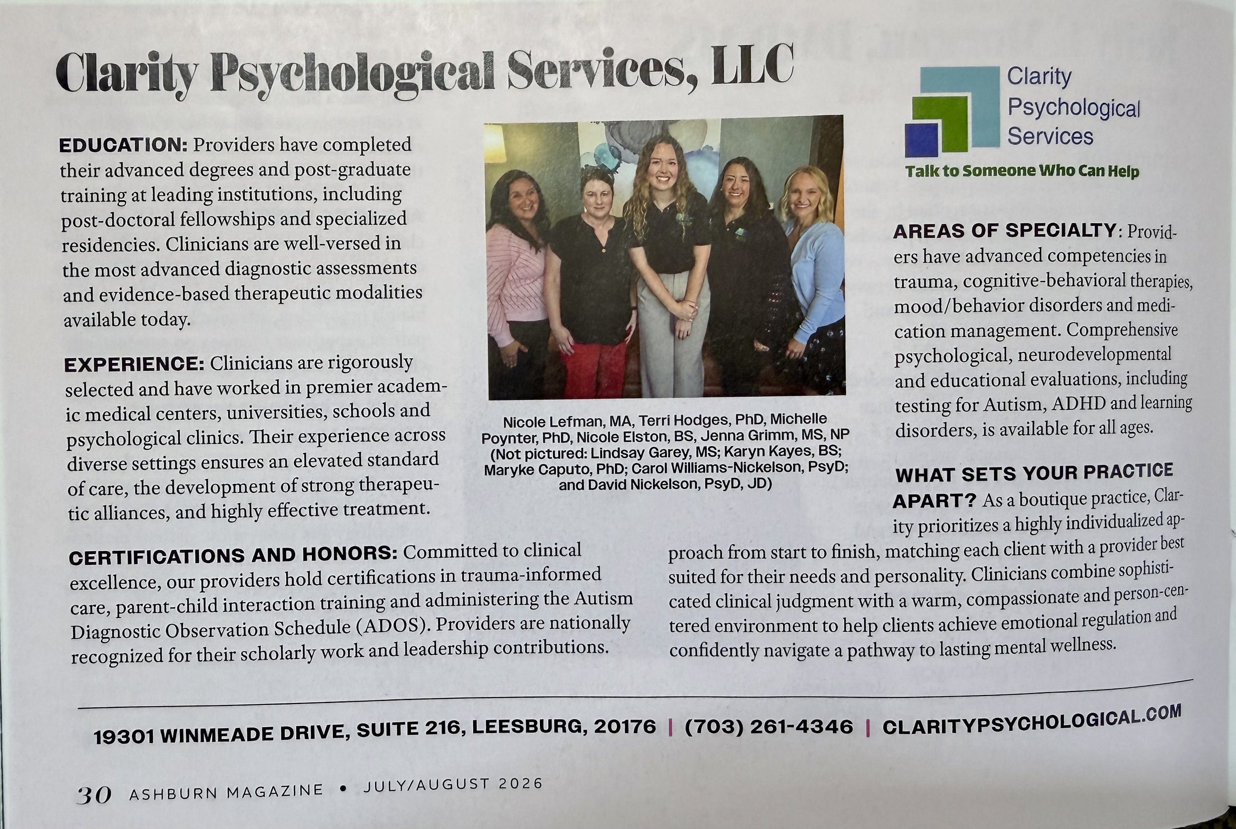 A page from a magazine featuring an advertisement for Clarity Psychological Services, LLC. The page includes a group photo of five women standing together, smiling. Text describes the company's services, credentials, and contact information, with the magazine date July/August 2026 at the bottom.