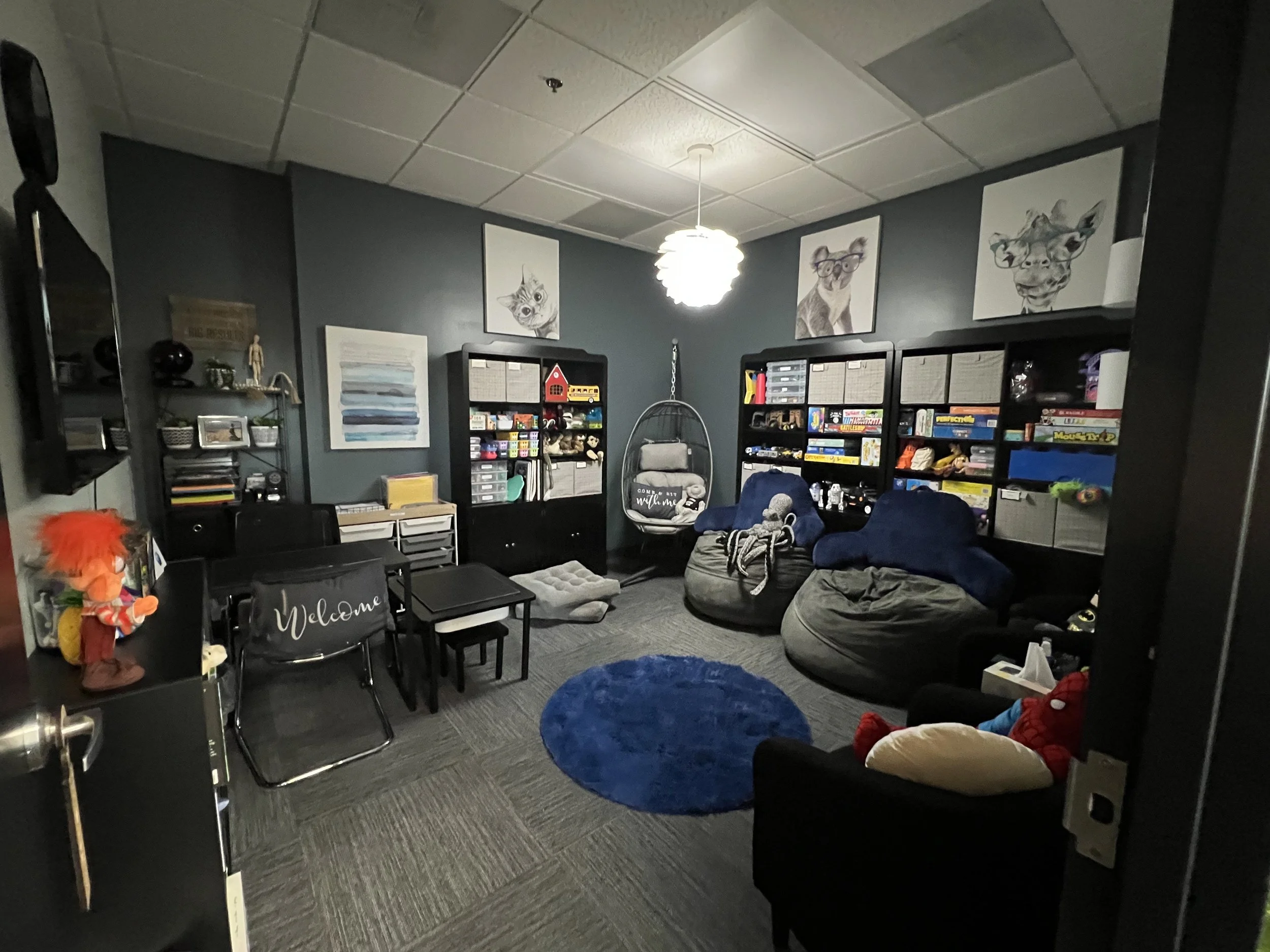 A children’s playroom with dark gray walls decorated with animal portraits, including a cat, pig, and giraffe. There are black bookshelves filled with toys and books, a round hanging chair, a small table with chairs, and a plush chair with stuffed animals. The ceiling has white tiles and a bright ceiling light.