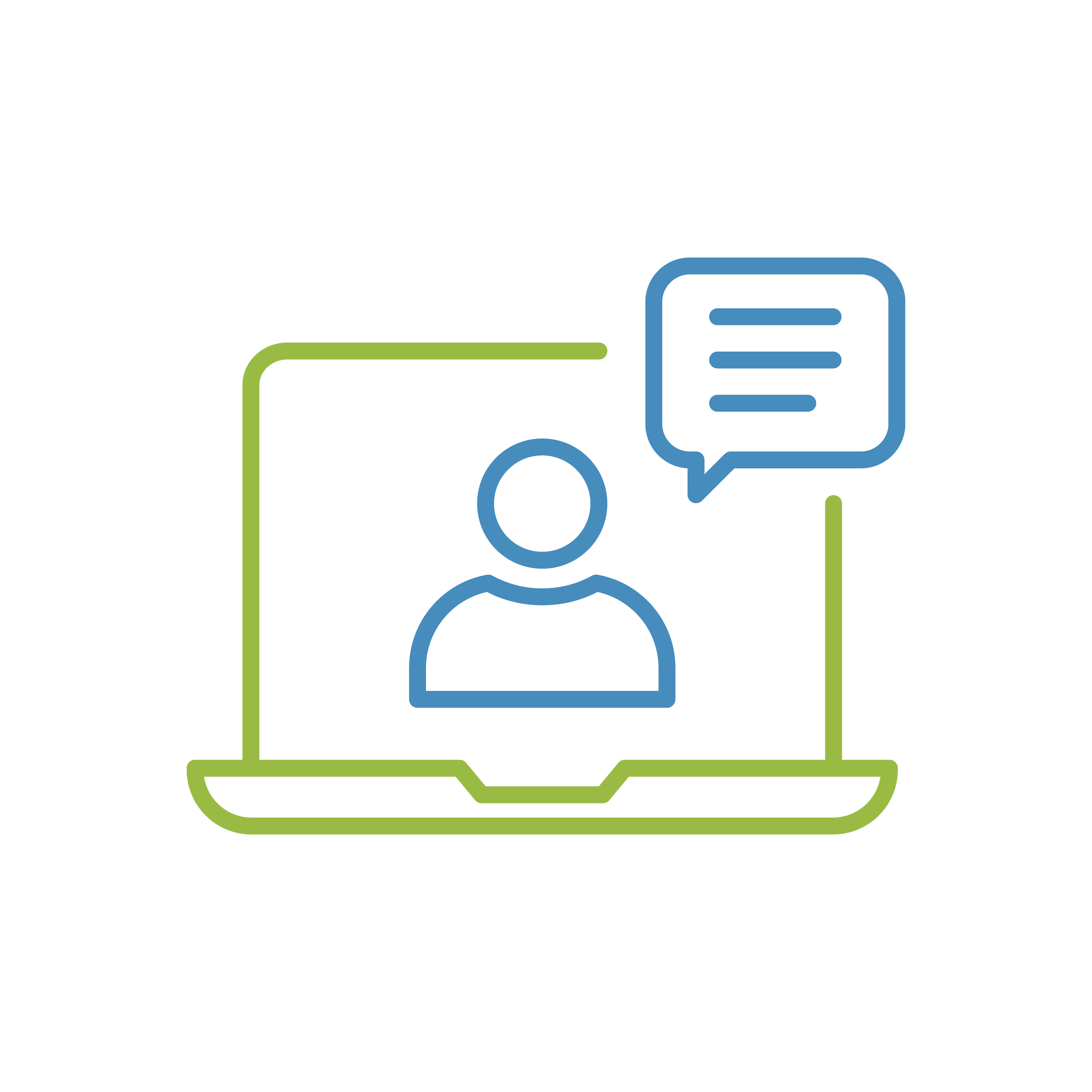 Line drawing of a person on a computer screen with a speech bubble, indicating online communication or virtual meeting.