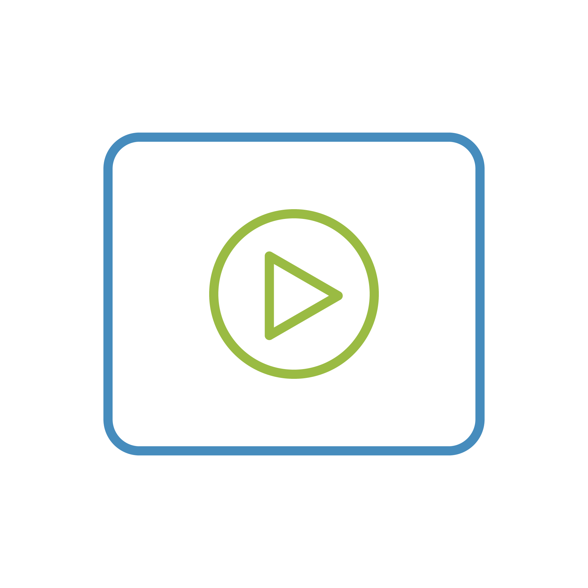 Green play button icon inside a square with rounded corners, outlined in blue.