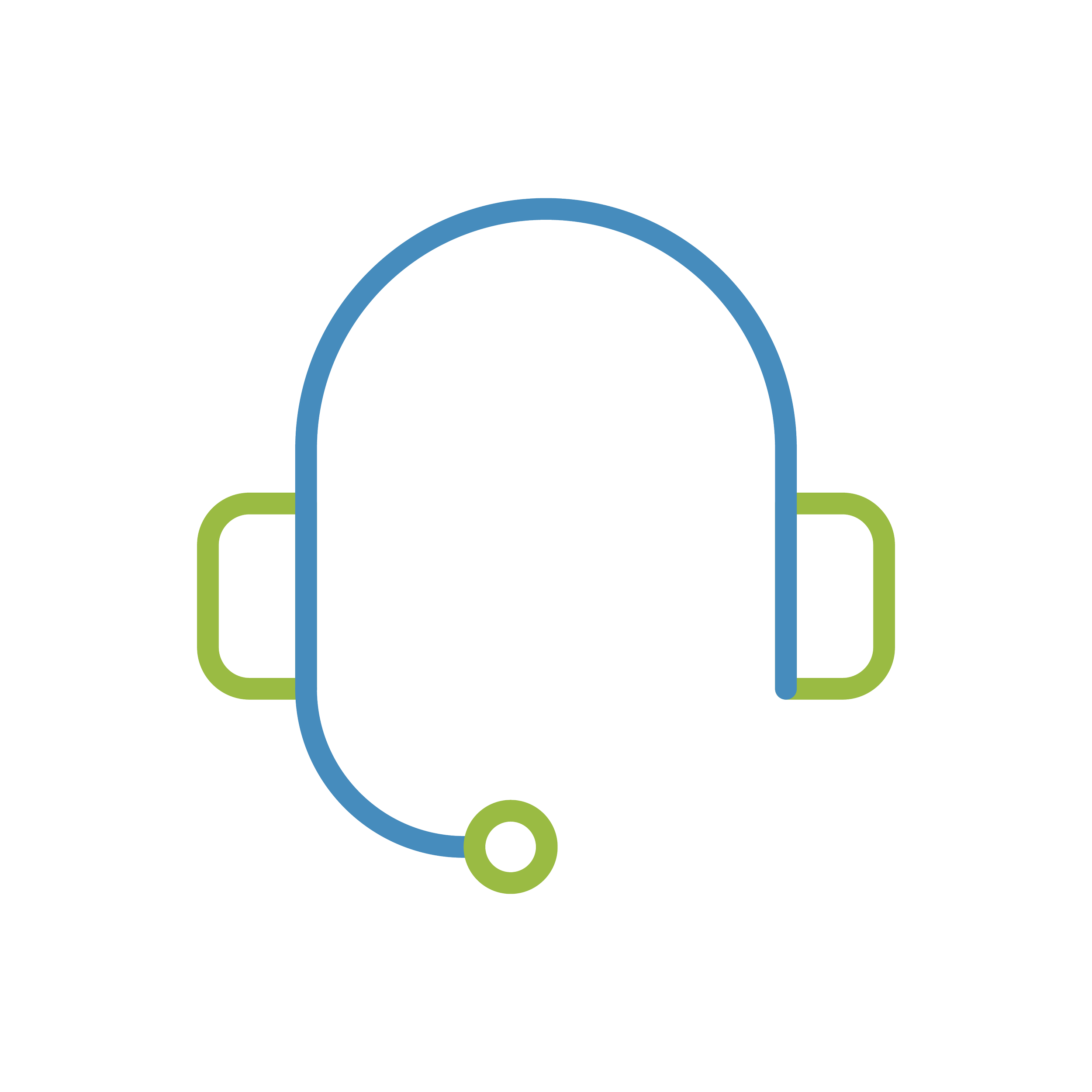 Outline drawing of a headset with a microphone, featuring a blue headband and green ear cups.