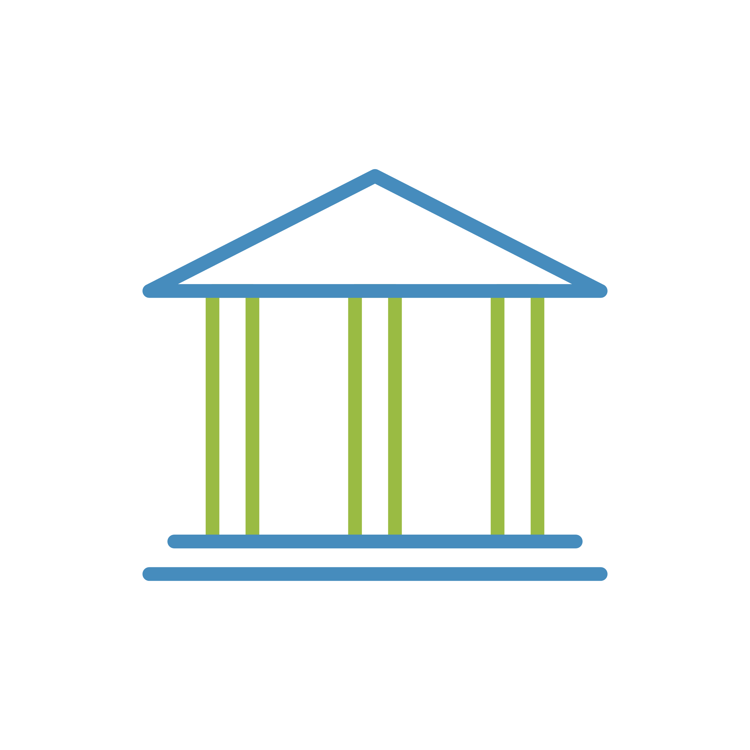 Line drawing of a classical Greek temple with a triangular pediment, six columns, and a base, in shades of blue and green.