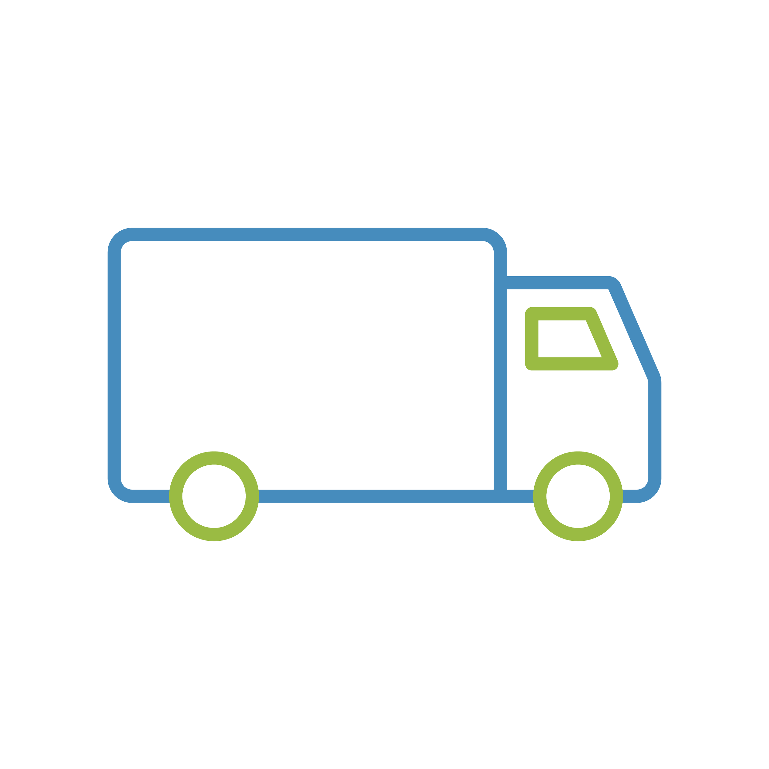 Line drawing of a delivery truck with a blue outline and green wheels
