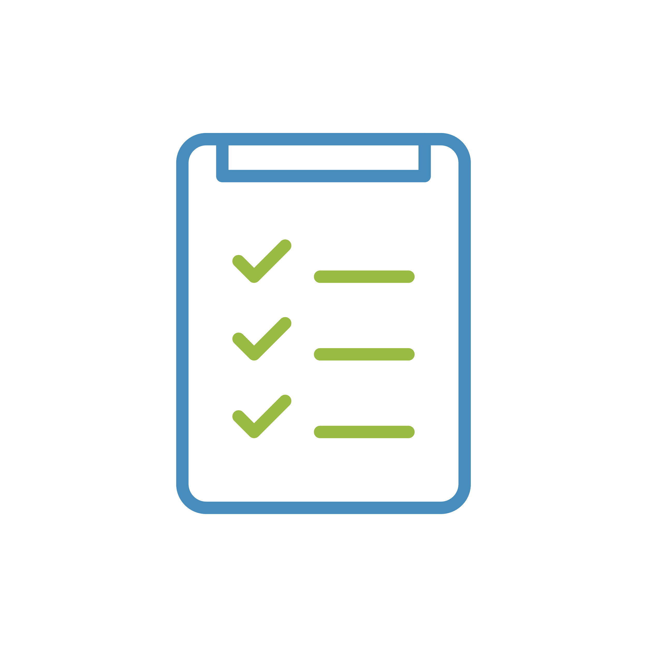 Checklist icon with three green checkmarks aligned vertically inside a blue outlines of a sheet of paper.