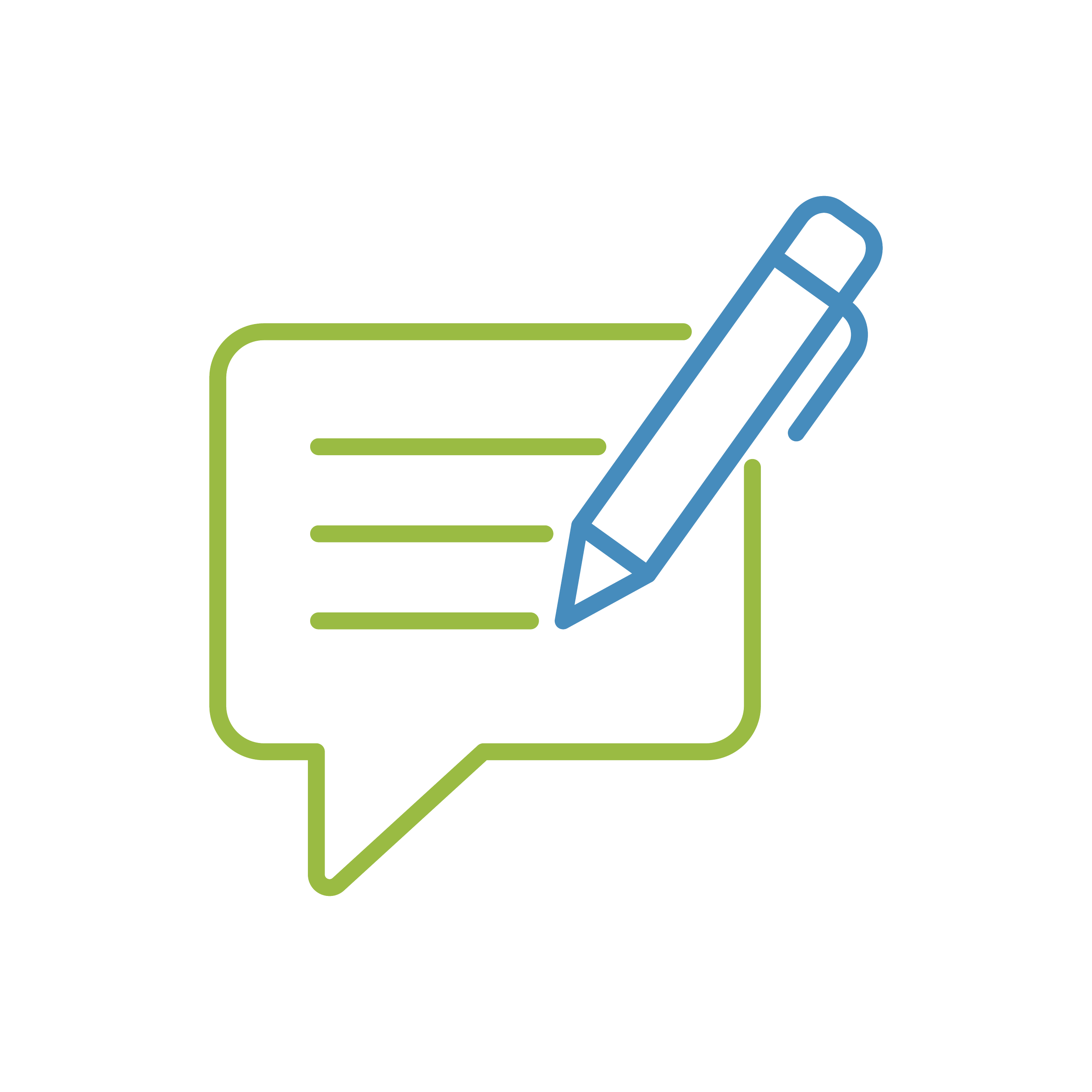 Outline of a speech bubble with lines representing text and a blue pen writing inside.