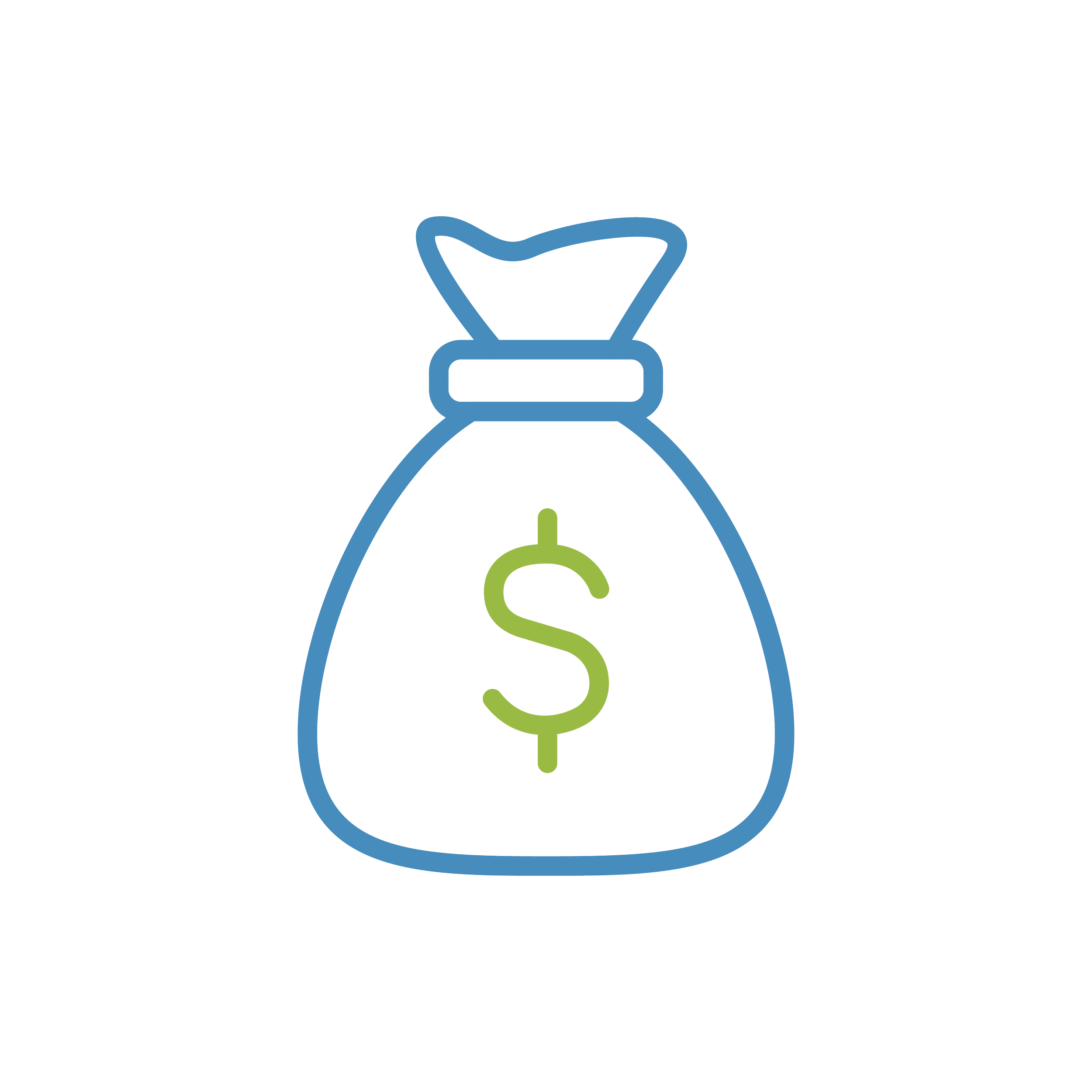 Line drawing of a money bag with a dollar sign on it, outlined in blue and green.