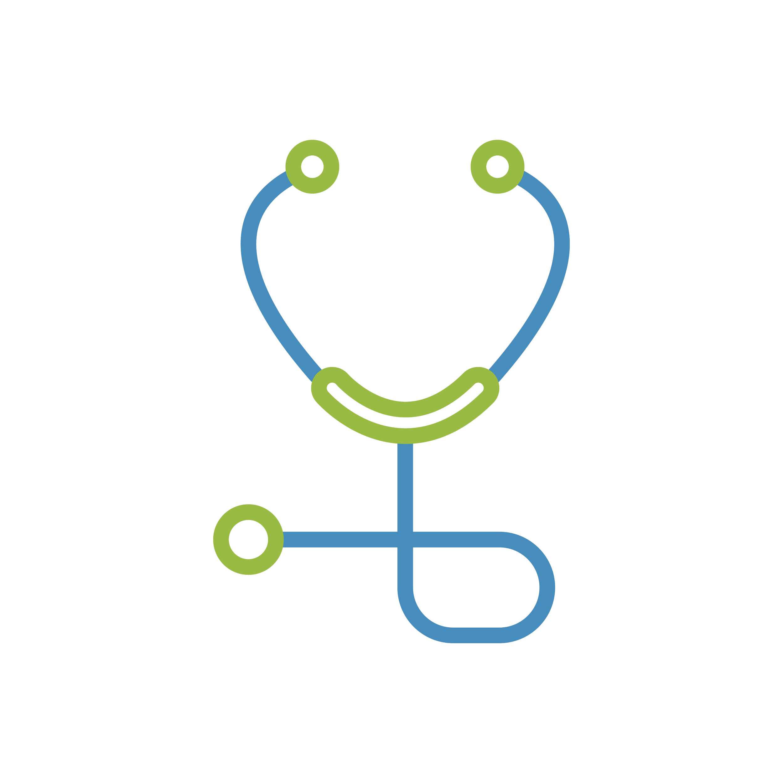 Stylized line drawing of a stethoscope with a heart-shaped chest piece, using green and blue colors.