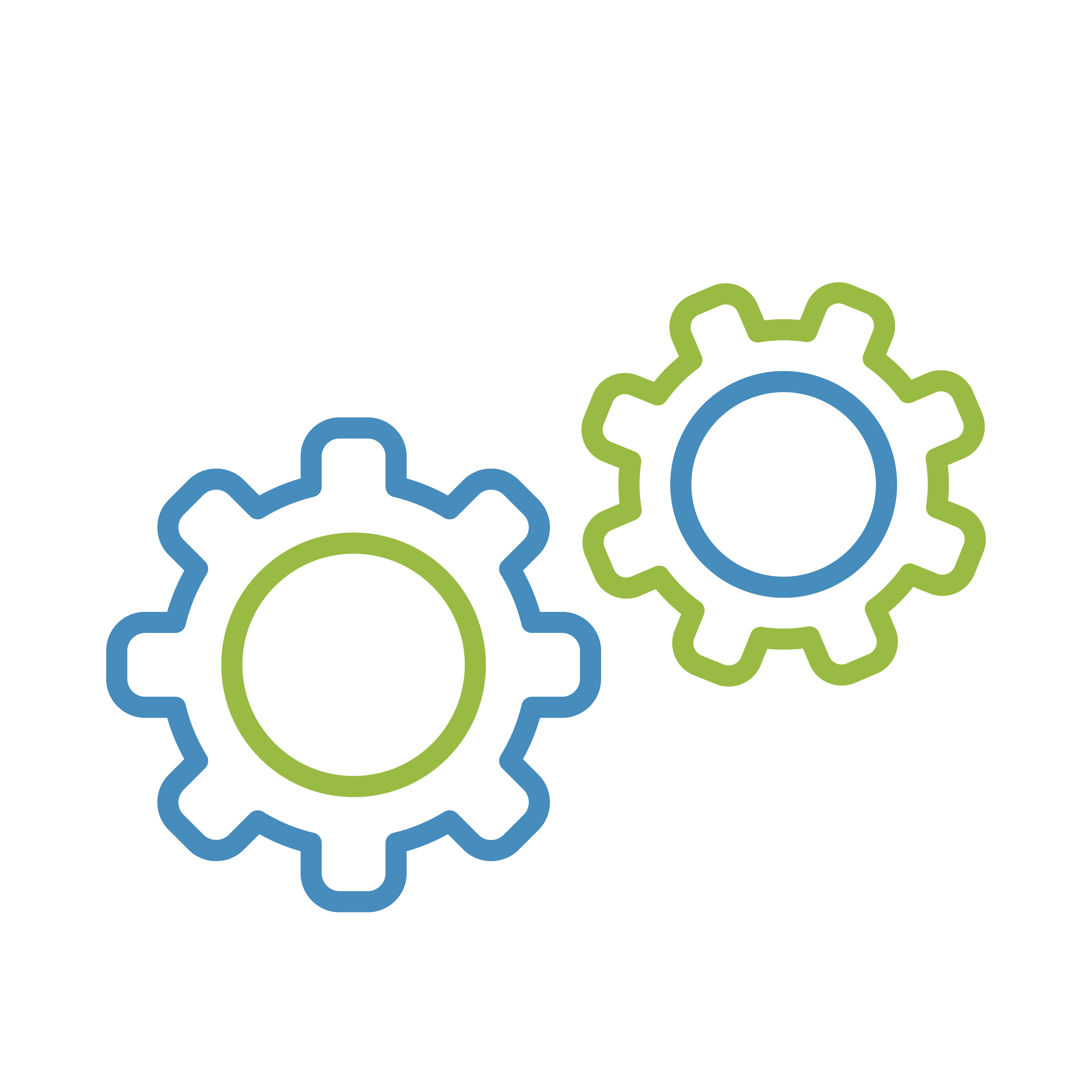 Two interconnected gear icons with blue and green outlines on a transparent background.