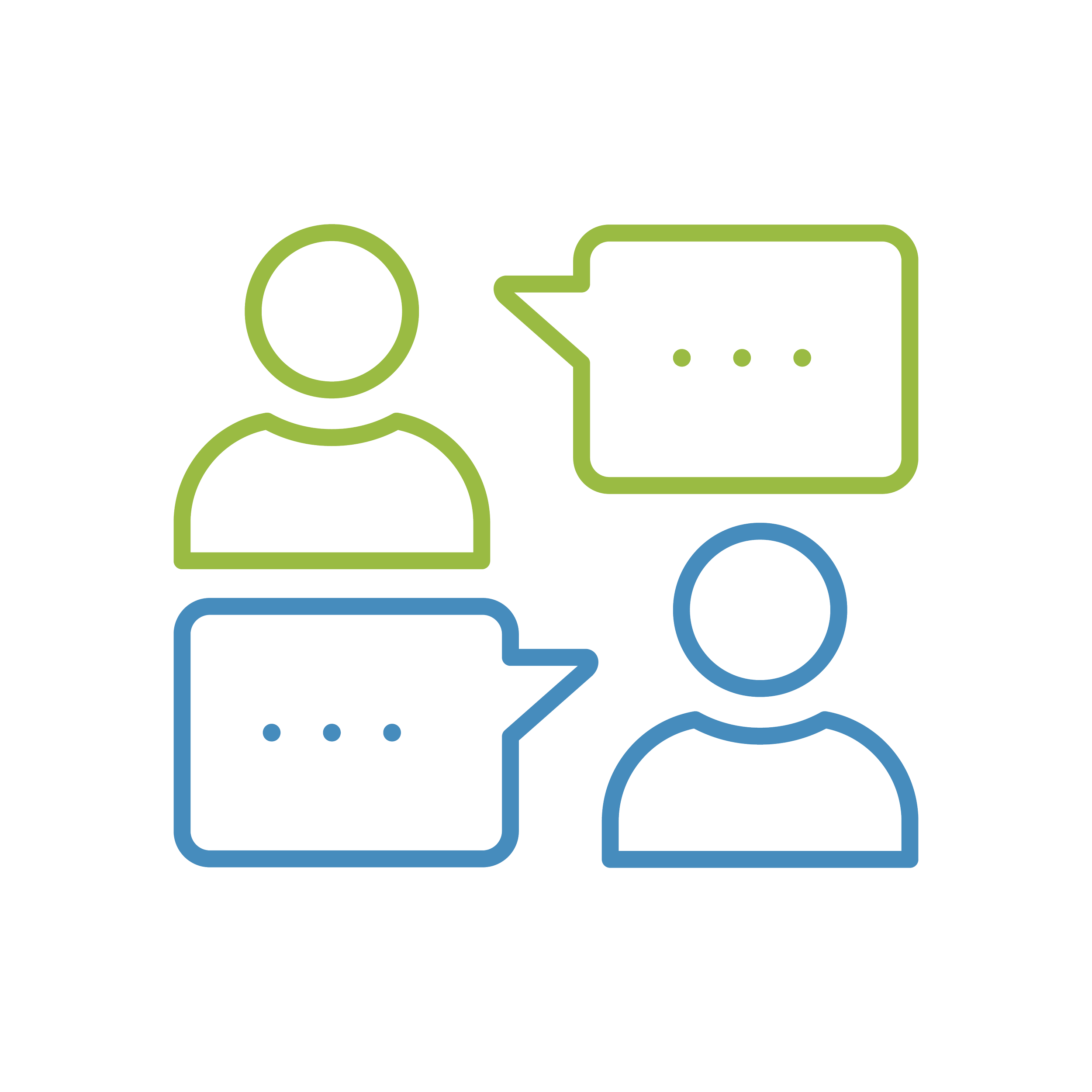 Graphic of two people, one in green and one in blue, with speech bubbles indicating conversation or communication.