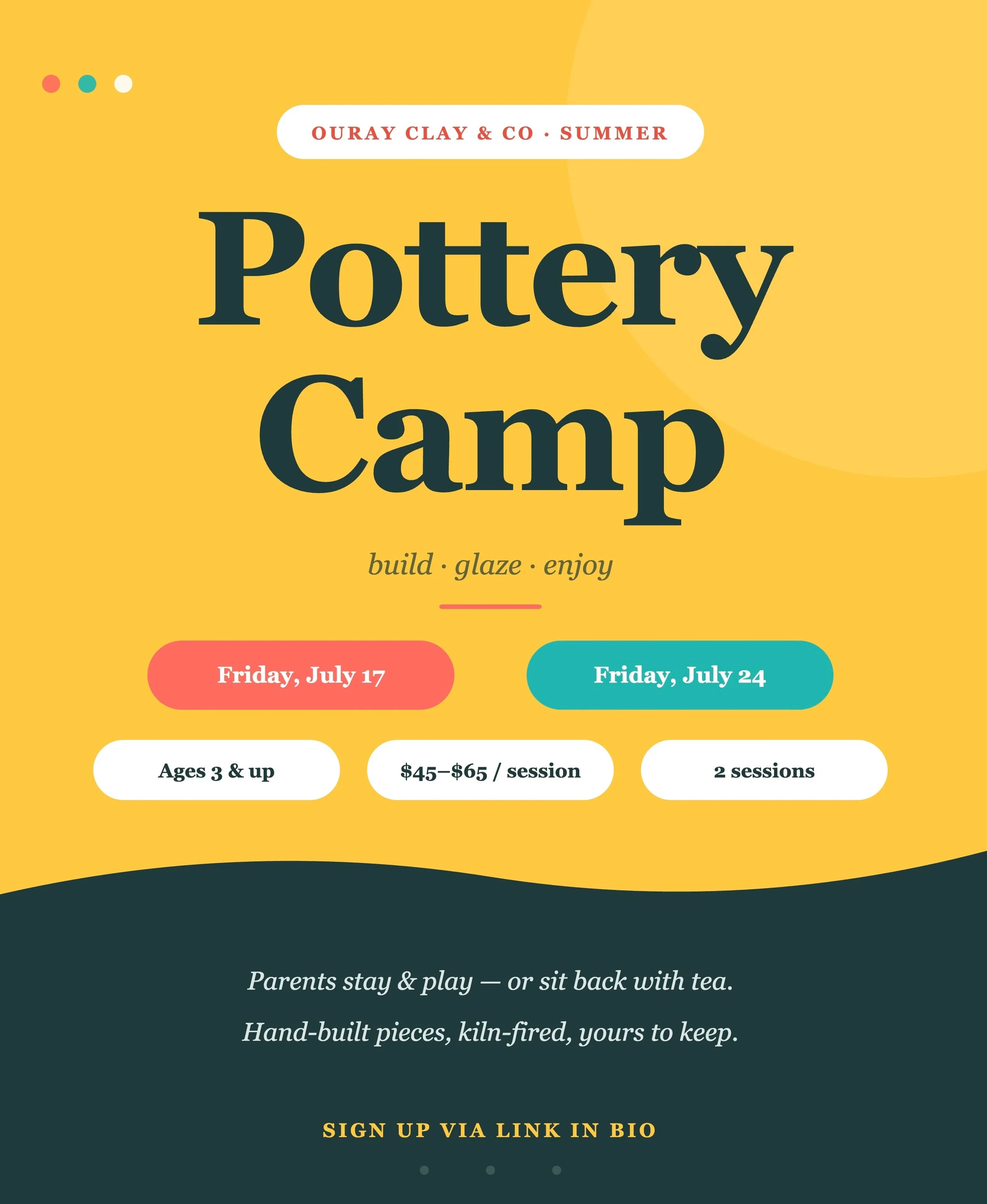 Playing with clay alongside my daughter has genuinely changed how I think about slowness, patience, and making things with our hands. This summer, we&rsquo;re opening that up to our community!

Hand-building sessions for kids ages 3 and up &mdash; pa