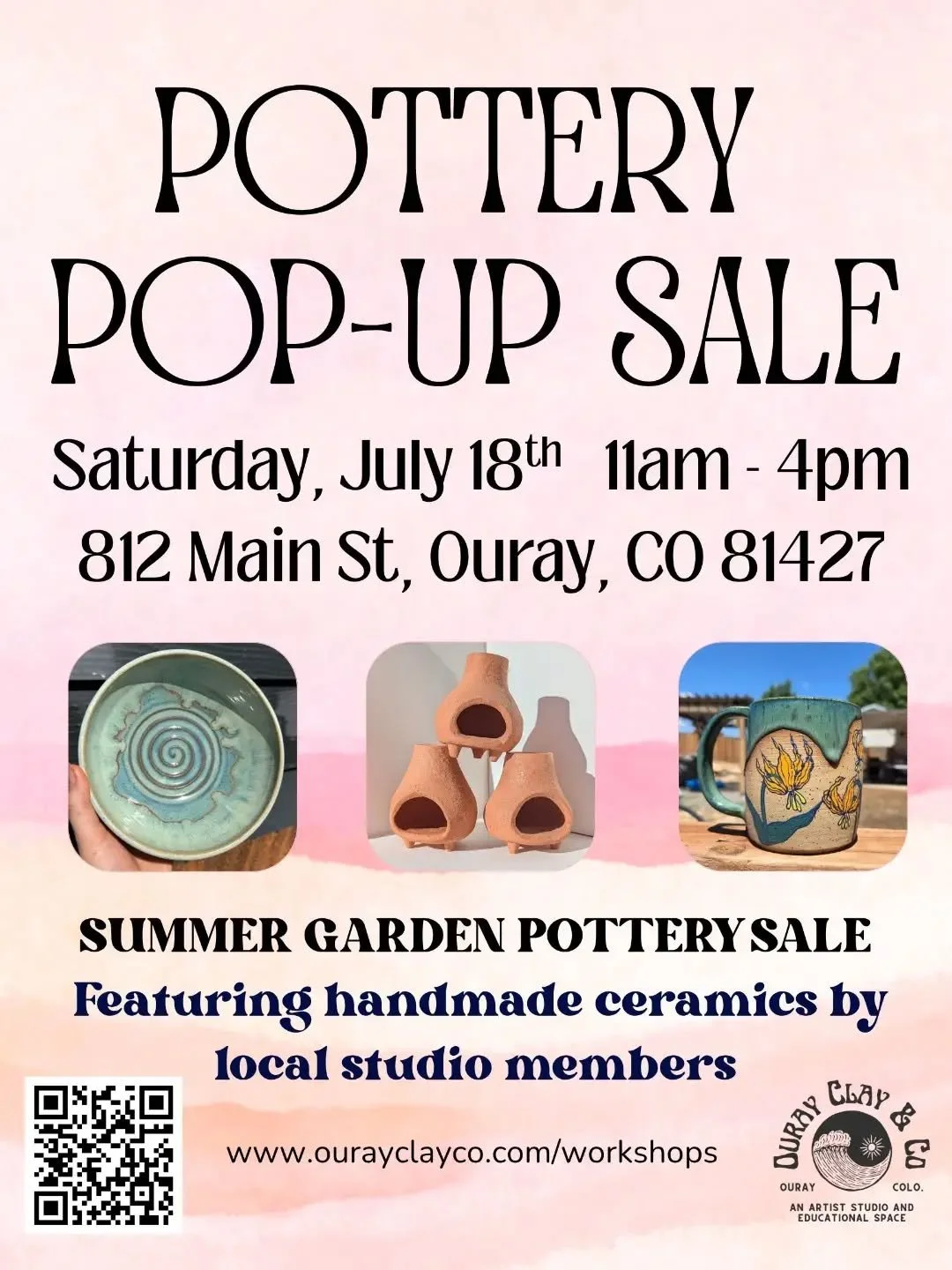 In one week we'll have a studio member pop-up market at the Skoloda Art Garden, right next door to the Goldbelt in downtown Main Street Ouray!

Join us next Saturday, July 18th from 11am&ndash;4pm for our Summer Garden Pottery Sale, featuring handmad