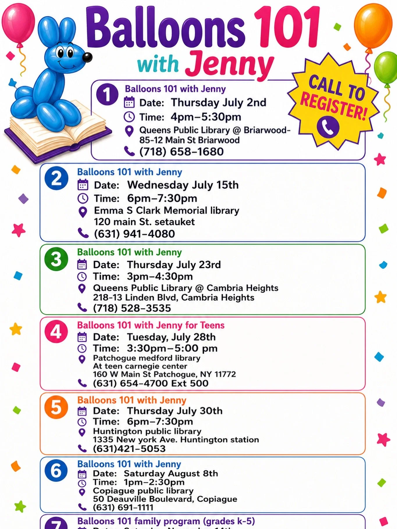 FREE Balloon twisting classes for kids, teens and families with @jennytheclown1! Call to register at your local library! #balloontwisting #kidsactivites #longisland #library #queens