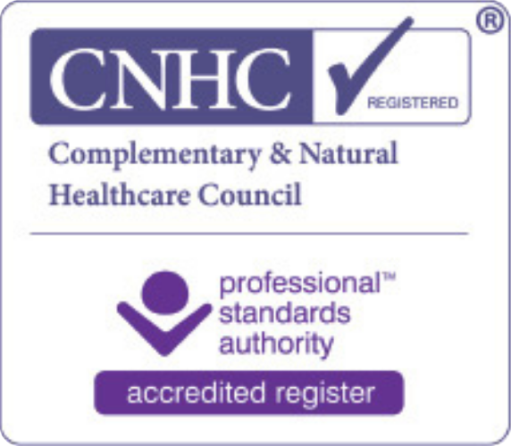 Image of a healthcare certification badge displaying the CNHC logo, a checkmark with the word 'REGISTERED,' and the text 'Complementary & Natural Healthcare Council,' 'professional standards authority,' and 'accredited register.'