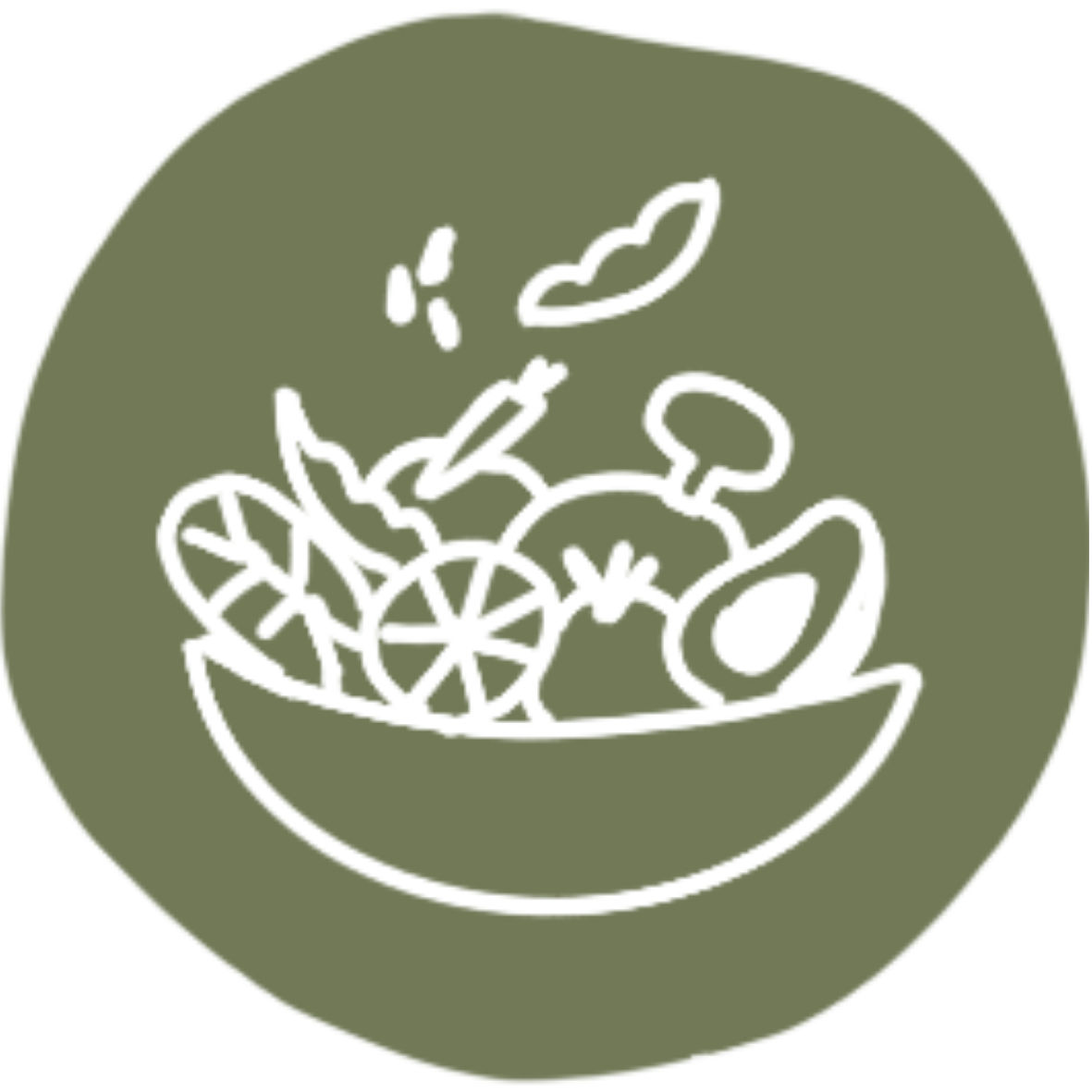 Black line drawing of a salad bowl with various vegetables and a fork, on a green circular background.