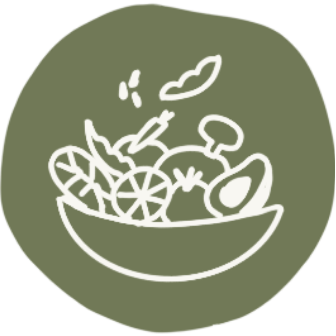 Line drawing of a bowl of salad ingredients, including lettuce, tomato, and other vegetables, on a green circular background.