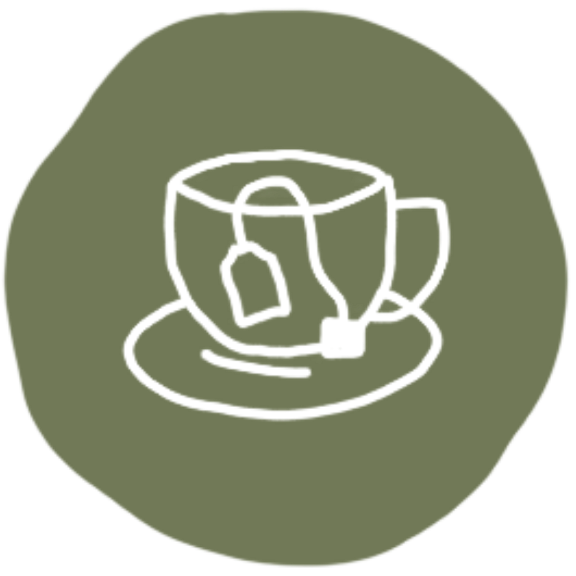 Line drawing of a cup of coffee with a teabag in a saucer on a green circular background.