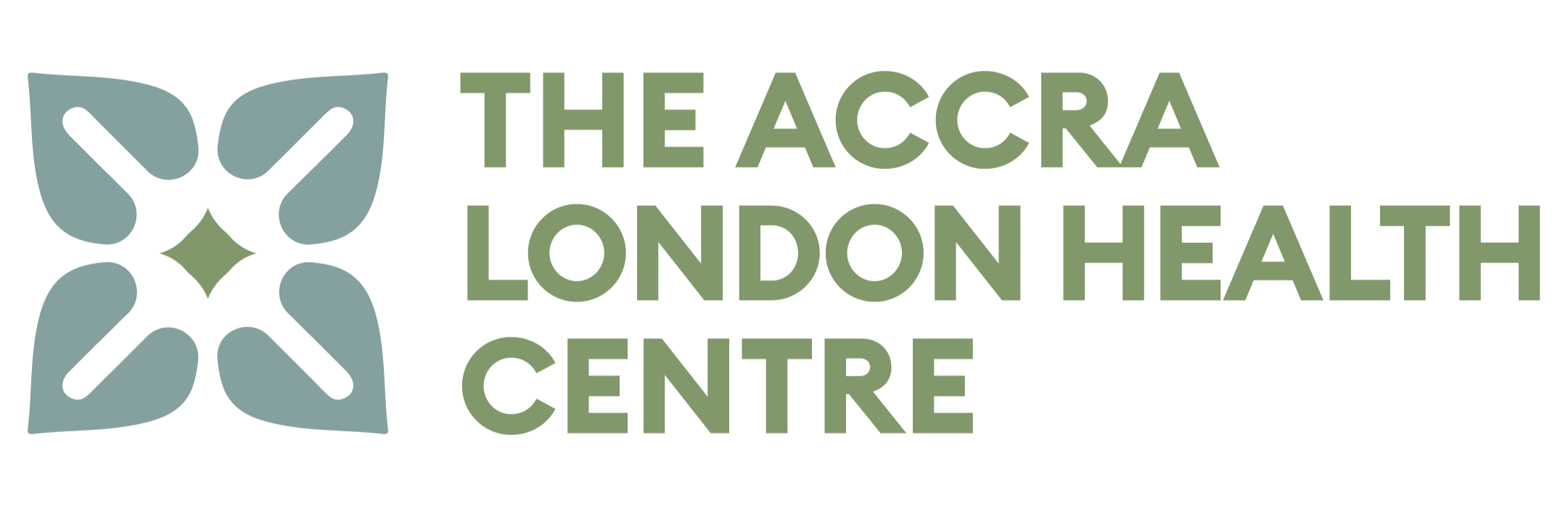 Logo of The Accra London Health Centre featuring a stylized butterfly or floral design in shades of gray and green with the name of the health center in green text.