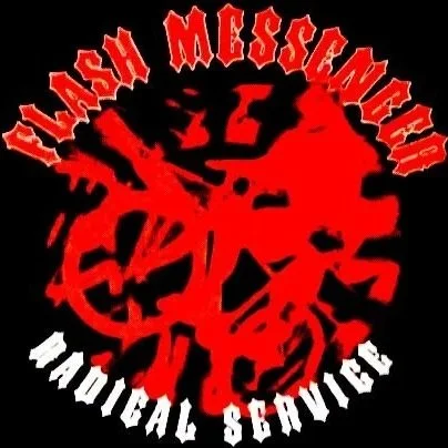 A black circular logo with a red abstract graphic in the center and white text around it that reads 'Flash Messenger' at the top and 'National Service' at the bottom.
