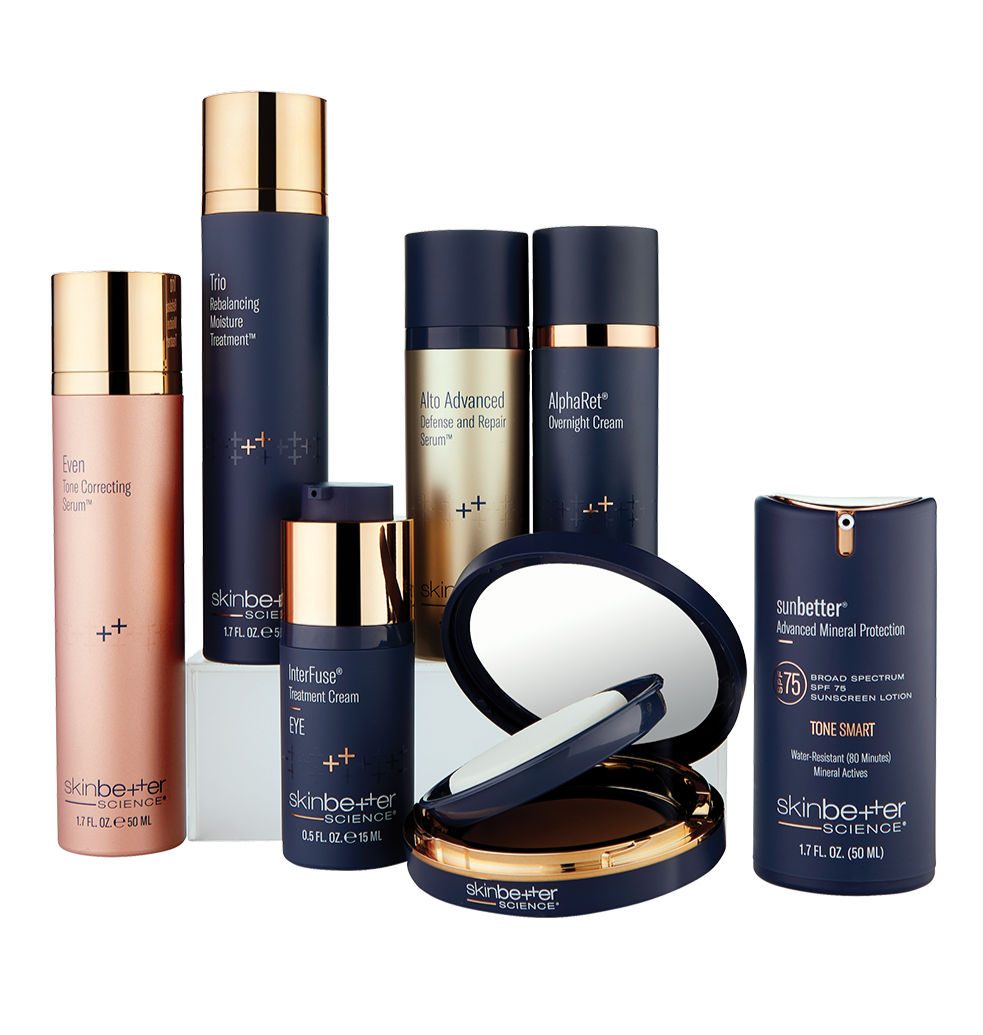 Assorted SkinBetter Science skincare products in bottles and compact containers with dark and gold accents.