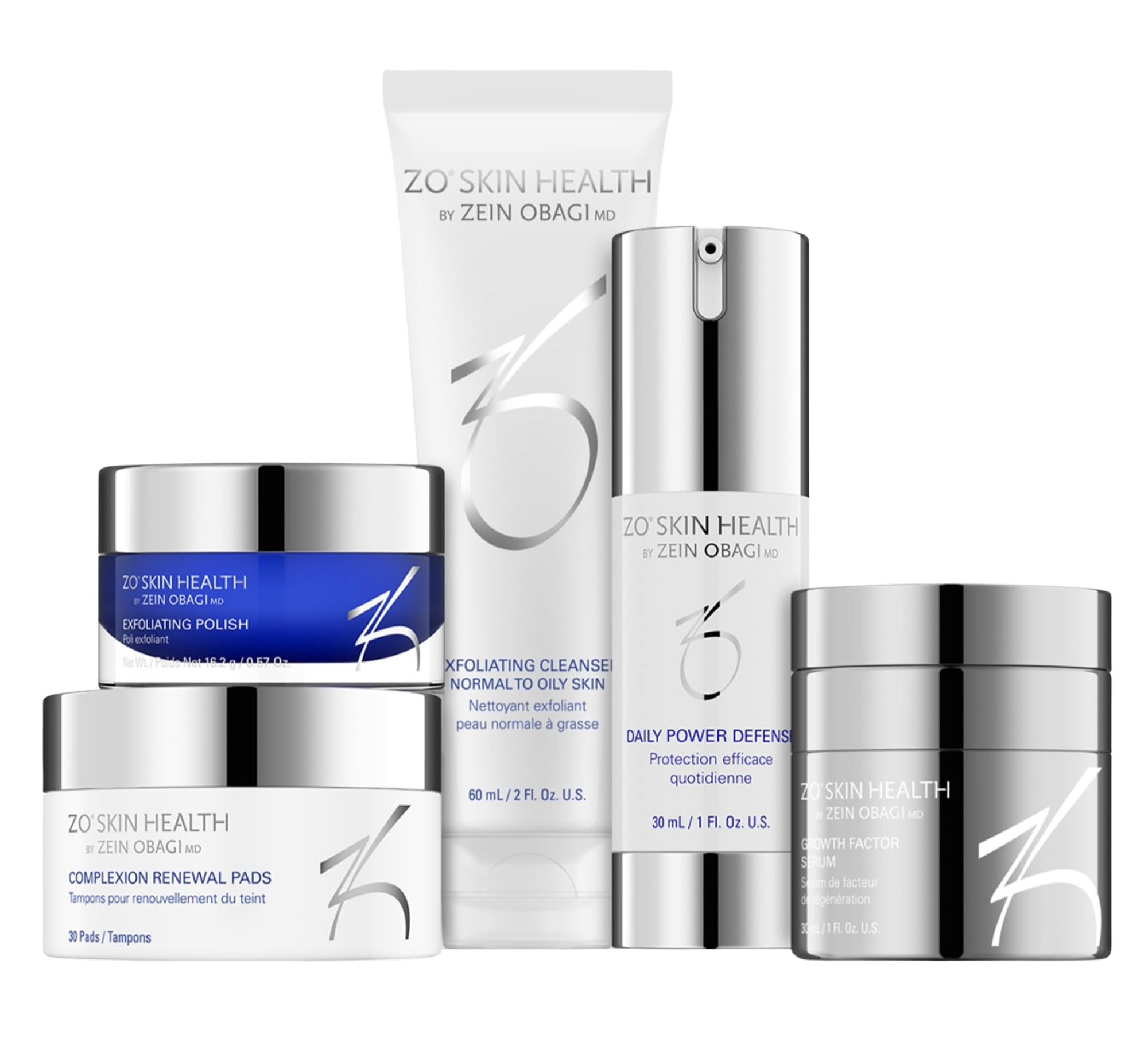 ZO Skin Health skincare products including exfoliating polish, cleanser, daily defense, renewal pads, and growth factor serum.