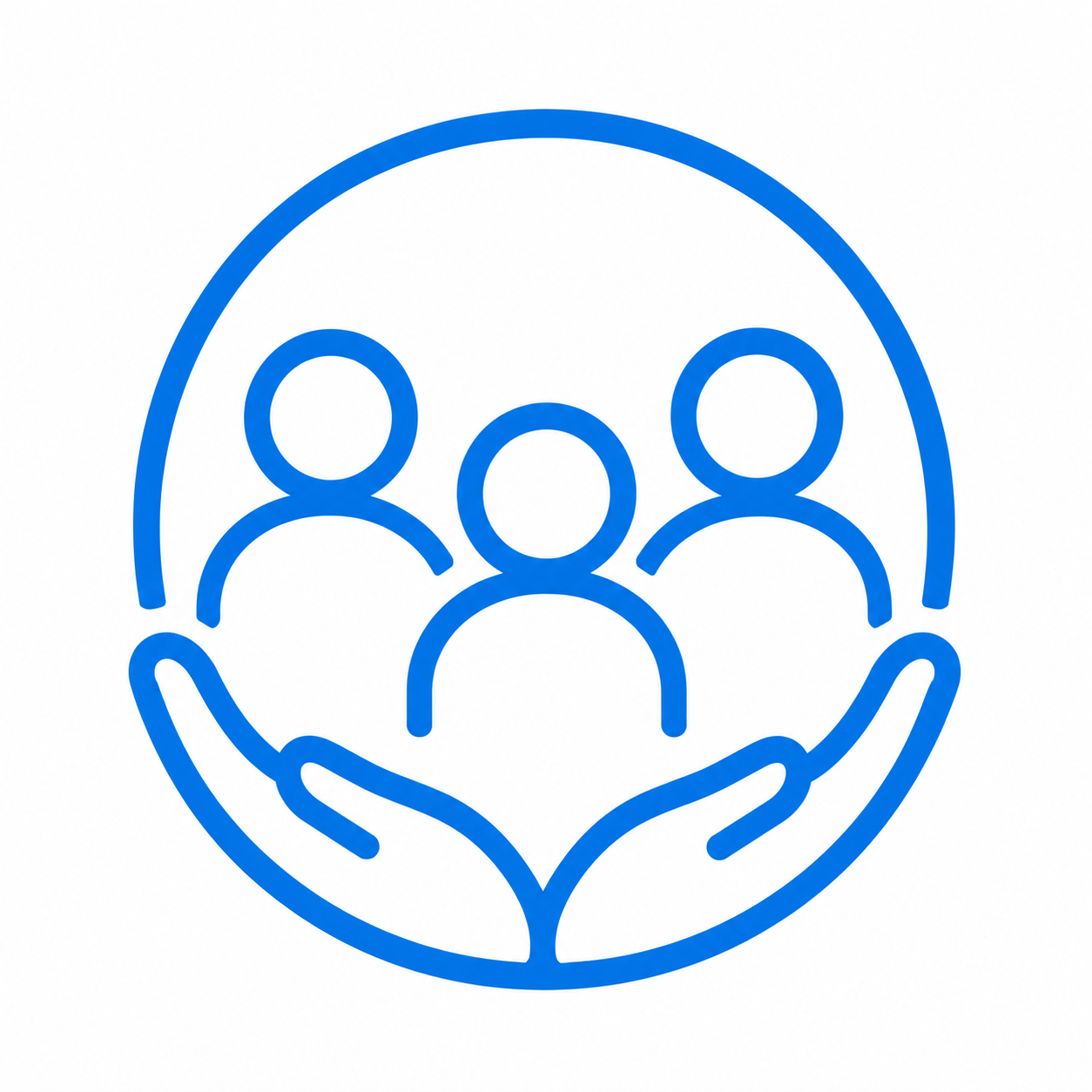 Outline of hands holding a circle with three stylized human figures inside, representing community.