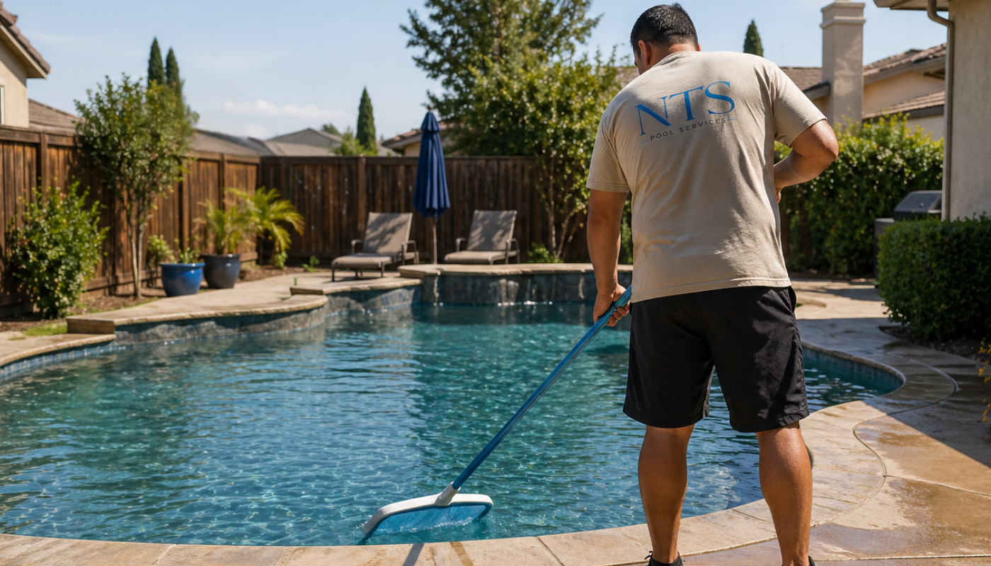 Pool service worker using a pool vacuum in a backyard swimming pool on a sunny day.