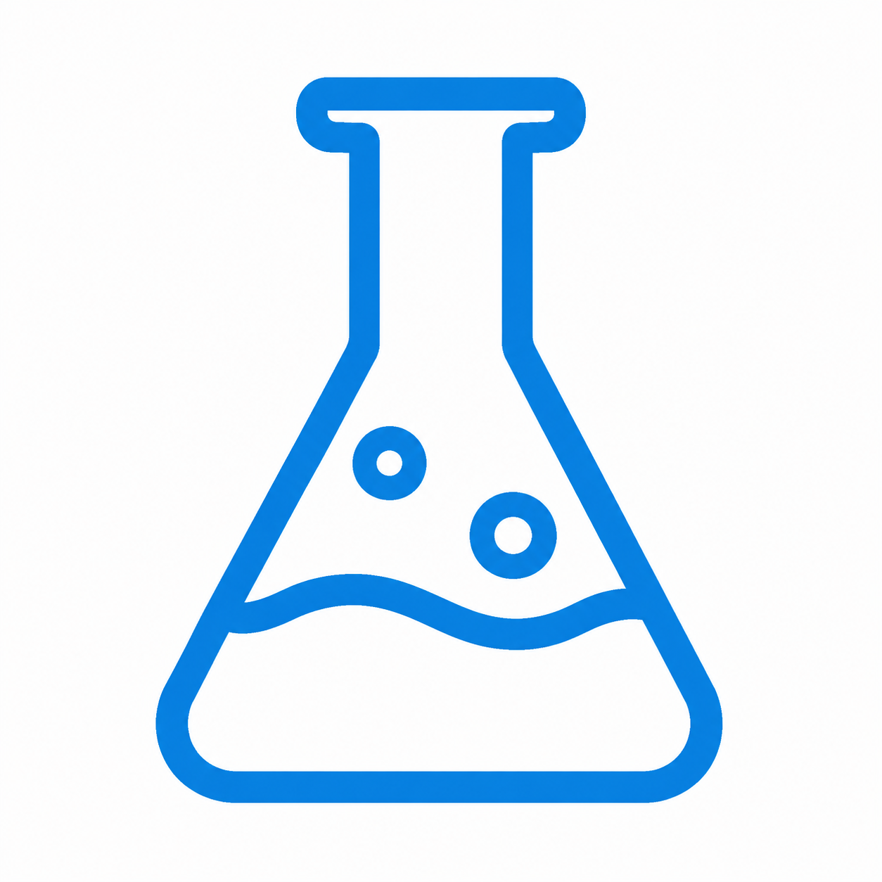Blue outline of a laboratory flask with liquid and bubbles inside.