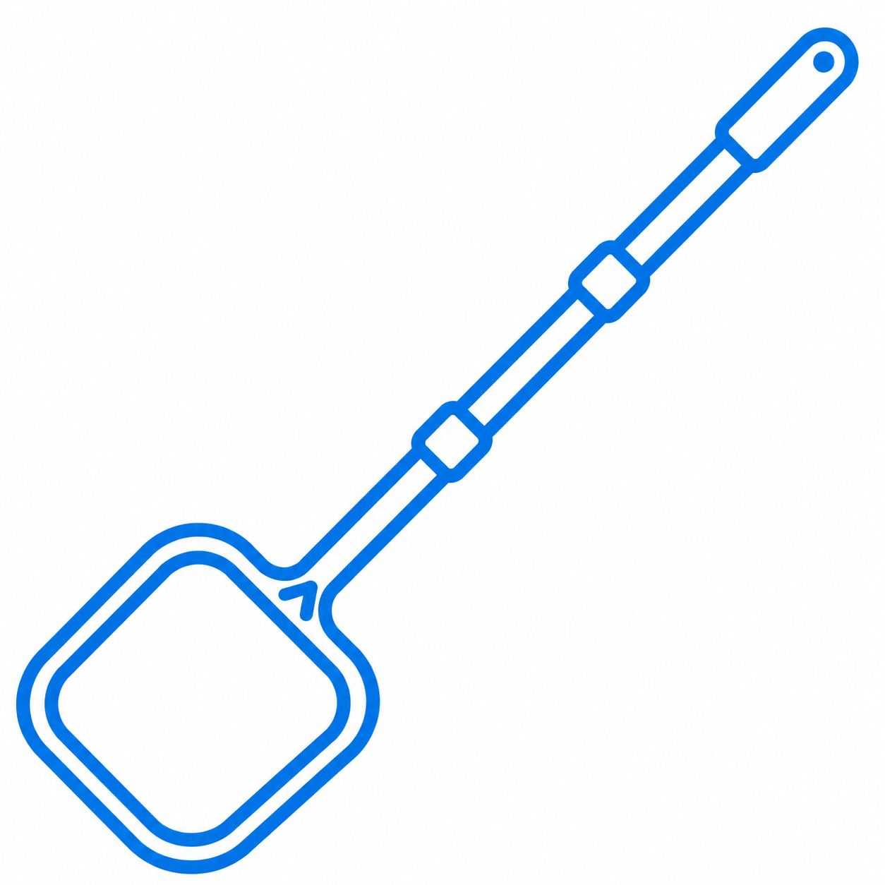 Outline drawing of a pool skimmer with a long handle and a square-shaped scoop