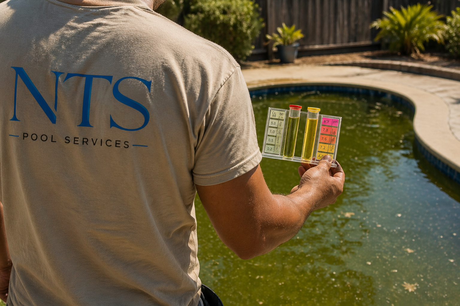A pool service technician is holding a water testing kit with test tubes filled with pool water, standing beside a backyard pool with algae buildup on the water's surface.