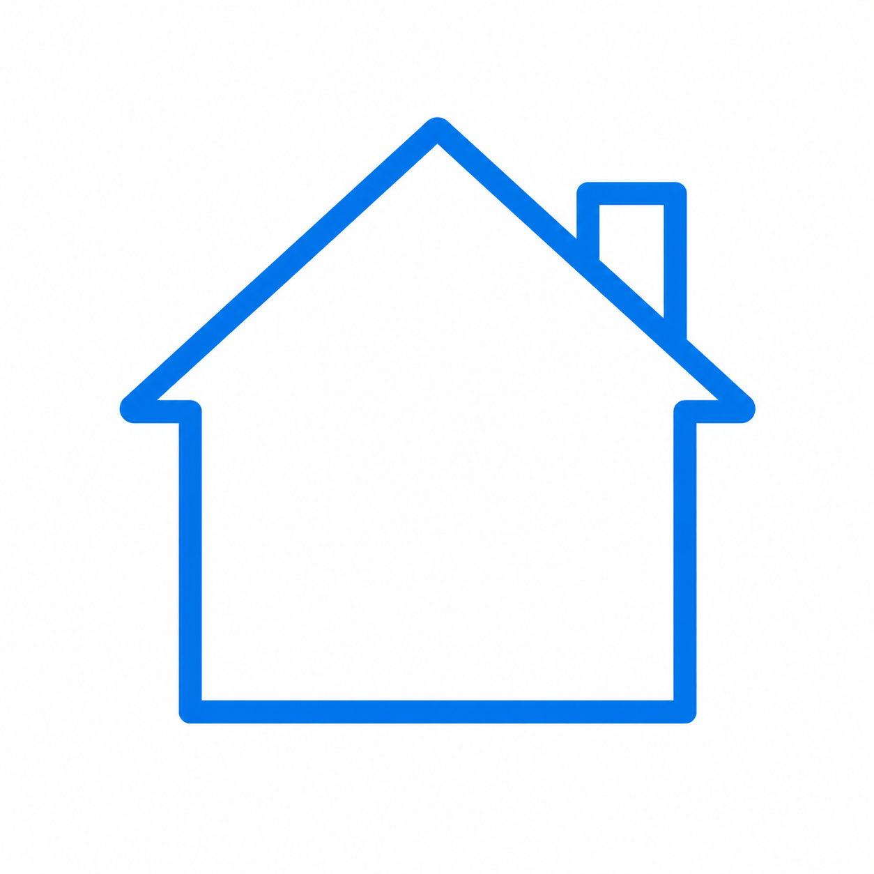Blue outline of a house with a chimney, resembling an upward arrow, on a white background.