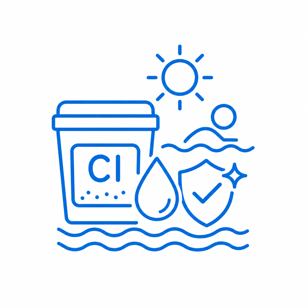 Line drawing of a container labeled 'Cl', a water droplet, a shield with a check mark, sun, water waves, and a swimmer.