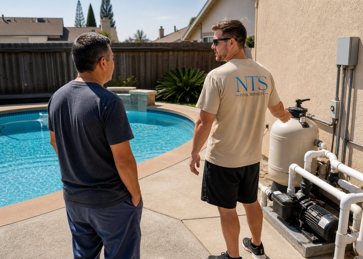 An NTS Pool Services employee and customer discussing pool equipment next to a backyard swimming pool.